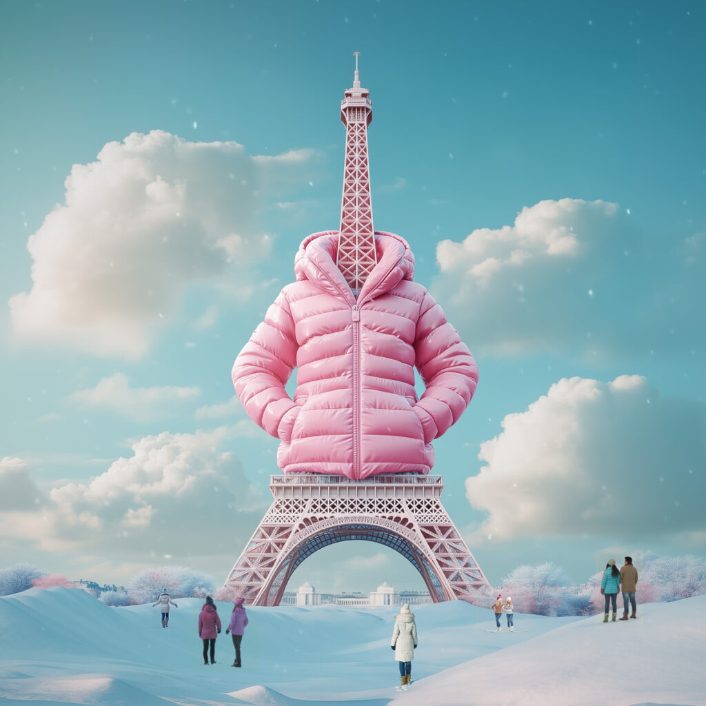 Eiffelturm in einer rosa Winterjacke, umgeben von schneebedeckter Landschaft und Spaziergängern.