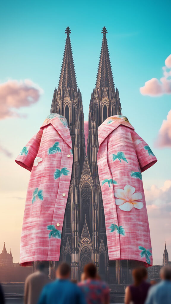 Darstellung des Kölner Doms: Die beiden Türme sind in ein hawaiianisches Hemd mit rosa und tropischen Mustern gehüllt.